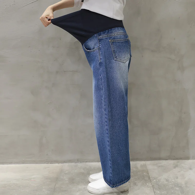 Осенние прямые широкие джинсовые брюки с высокой талией для беременных женщин, модные прямые брюки для беременных размера плюс, джинсы для живота