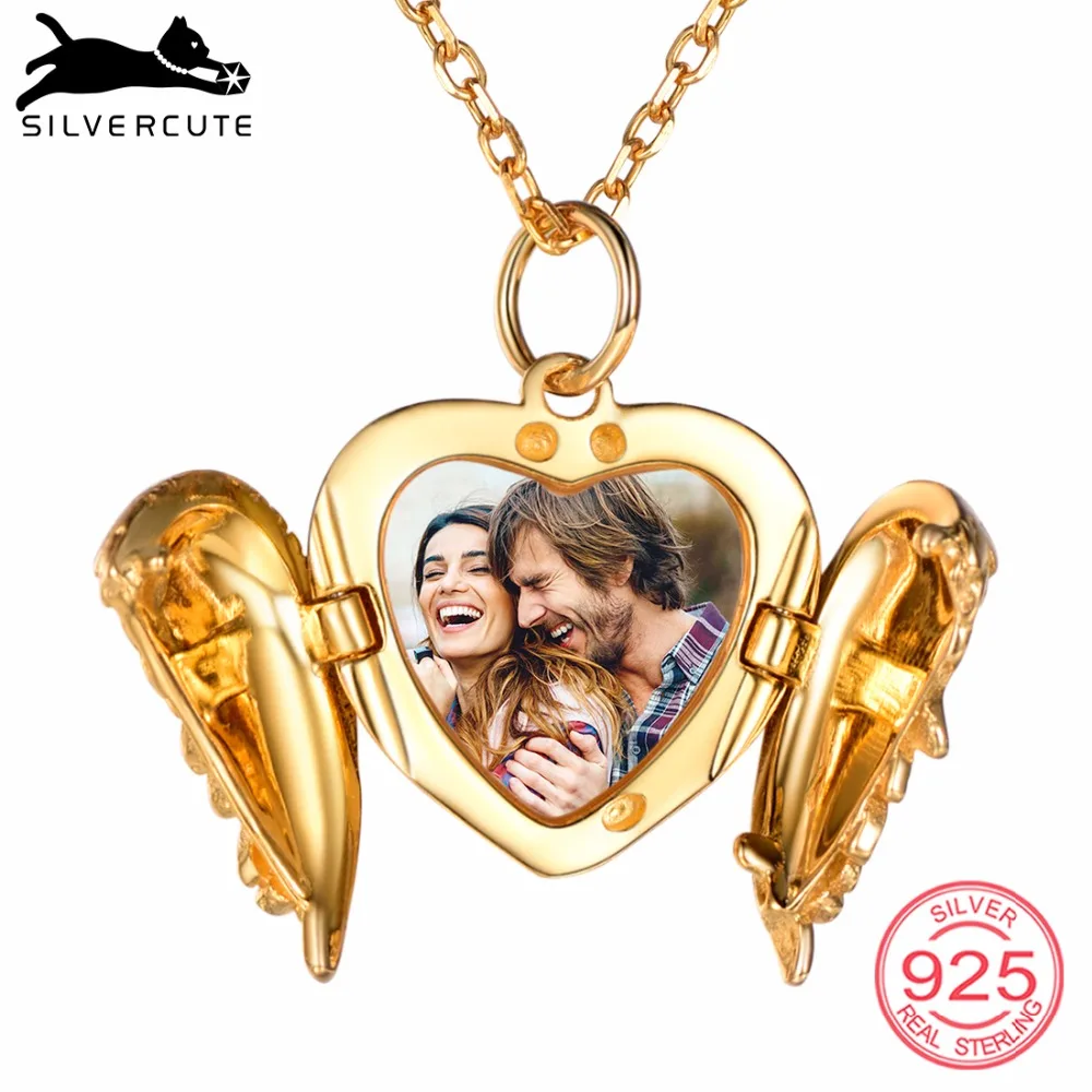 

SILVERCUTE Personalized Wing Heart Locket Necklace Photo Engraved 925 Sterling Silver Custom Vintage Frame Memory Gift SCIP6504B