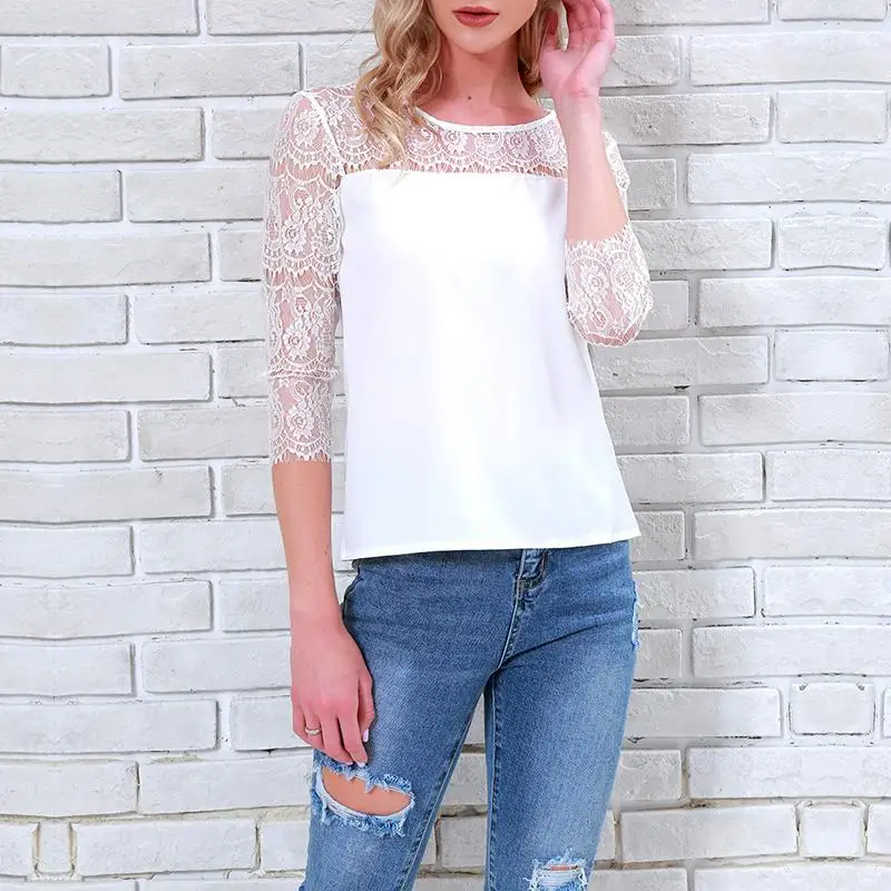 Sexy Hollow Out White Lace Blouse Shirt Women Elegant 3/4 Sleeve Summer