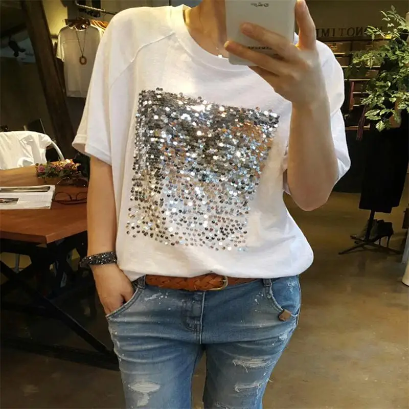 

Summer 2018 new Korean version of the loose large size cotton sequins bamboo cotton white t-shirt female short-sleeved fitness