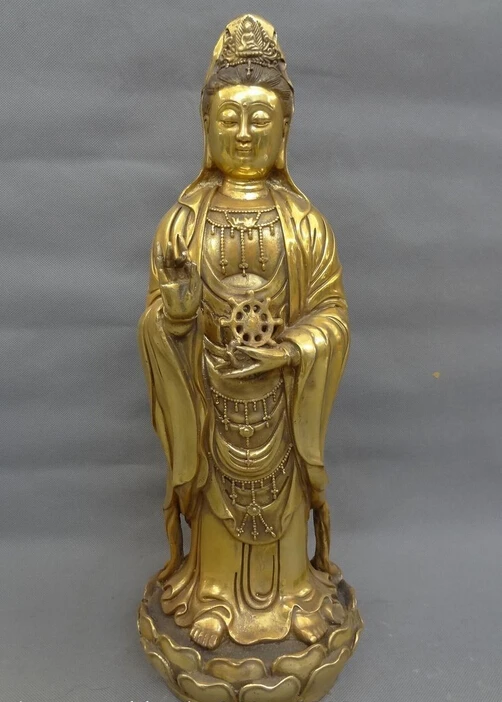 

18" China Bronze Gilt Pray Lotus Standing KwaYin Guan Yin Goddess Joss Statue