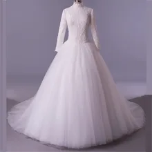 MDBRIDAL Women Ball Gown Modest Wedding Dress Long Sleeves High Neck Appliques Beading Arabic Women Bridal Gown Real
