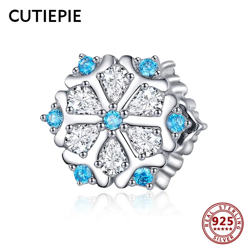 

CUTIEPIE 100% Real 925 Sterling Silver Blue CZ Snowflake Beads Charms Fit Pendant Bracelets Necklace Silver Jewelry for Women