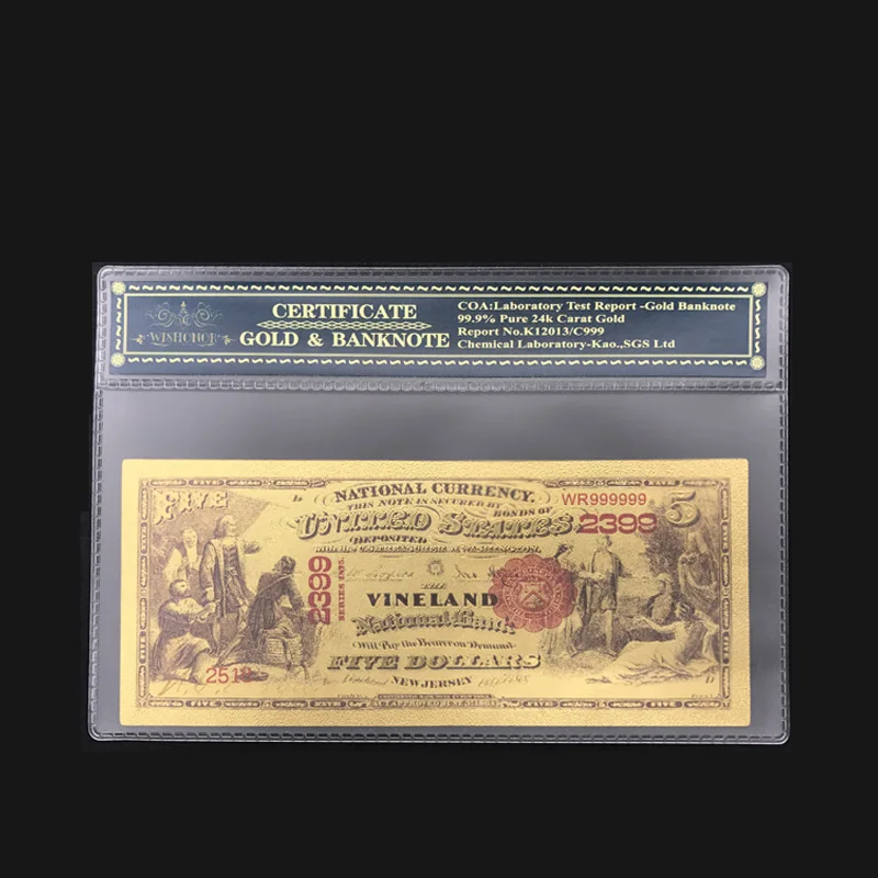 

America 1875 Year 5 Dollar Gold Banknote 24k Gold Plated US Note Money Value Collectable Fake Money In COA Sleeve