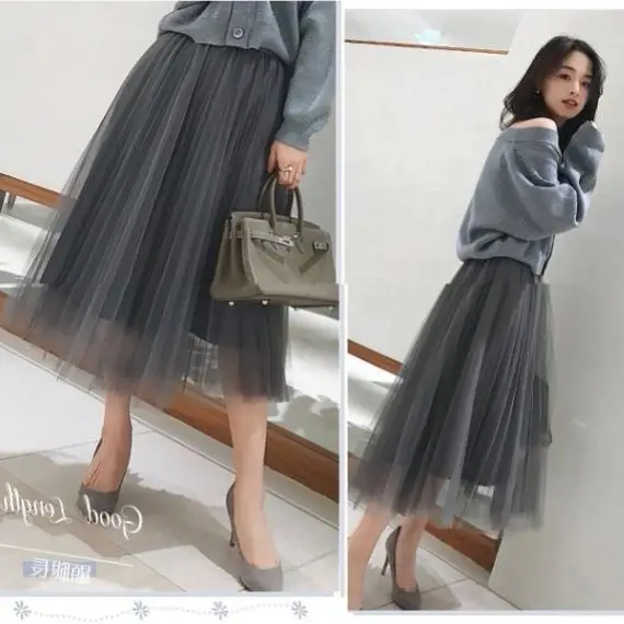 2019 Spring Summer Vintage Skirts Womens Elastic High Waist Tulle Mesh Skirt Long Pleated Tutu Skirt Female Jupe Longue