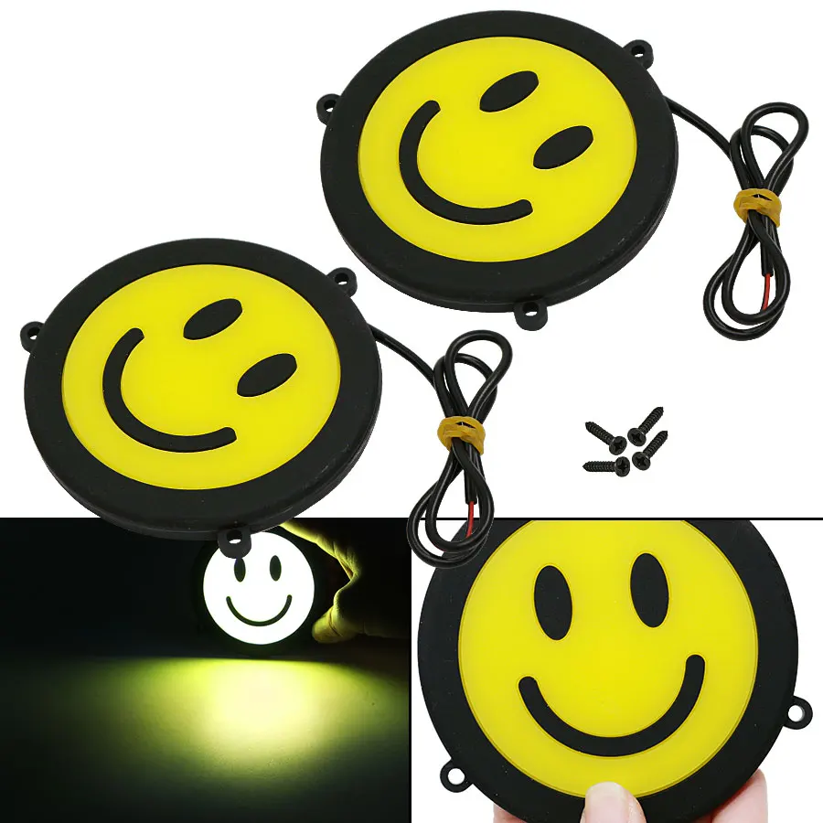 HYZHAUTO 90 мм круглый светодиодный светильник для дневных ходовых огней COB DRL для автомобиля, противотуманная фара с желтым улыбающимся лицом, 2 шт