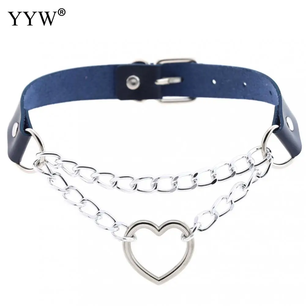 dark blue YYW готический сердце чокер, ошейник, воротник в стиле Харадзюку в стиле панк колье Цепочки и ожерелья для женский, черный из искусственной кожи Мода рок ювелирные подарки - Metal Color: dark blue
