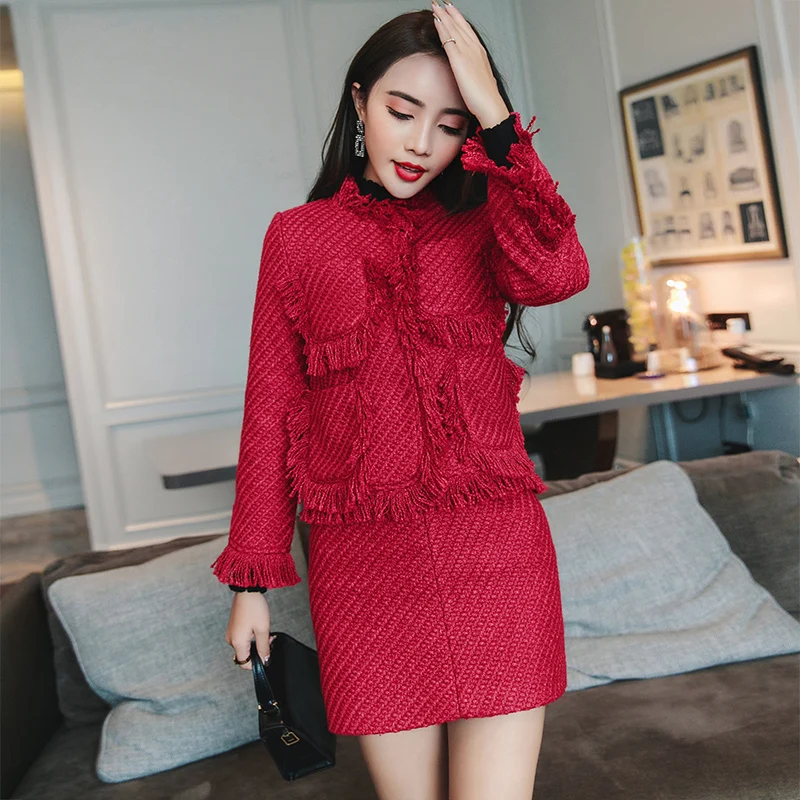 

HANZANGL elegant red Hand tearing Tweed coat tops+Package hip skirt Two-piece suit Business work Formal occasions Women's Sets
