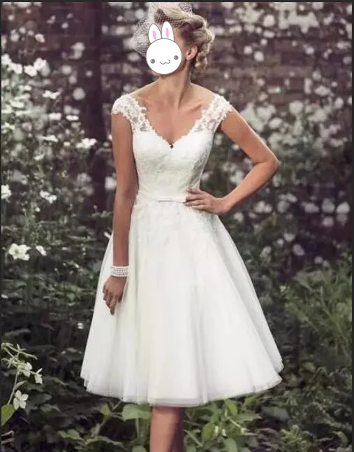 Robe de mariee элегантное ниже колена Короткое свадебное платье es 2019 с цельнокроеным коротким рукавом с аппликацией кружево свадебное платье V