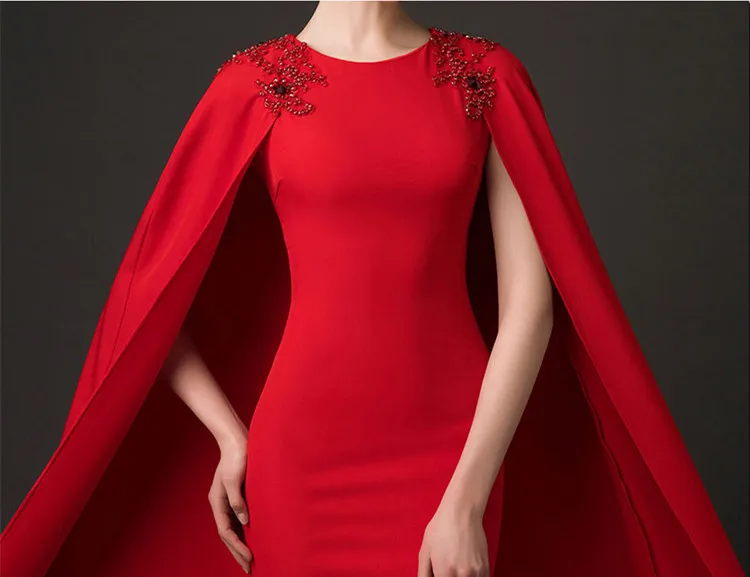JaneVini модные красные Русалка Длинные платья выпускного вечера с накидкой арабский бисером плечо невесты атласные платья 2018 Свадебная