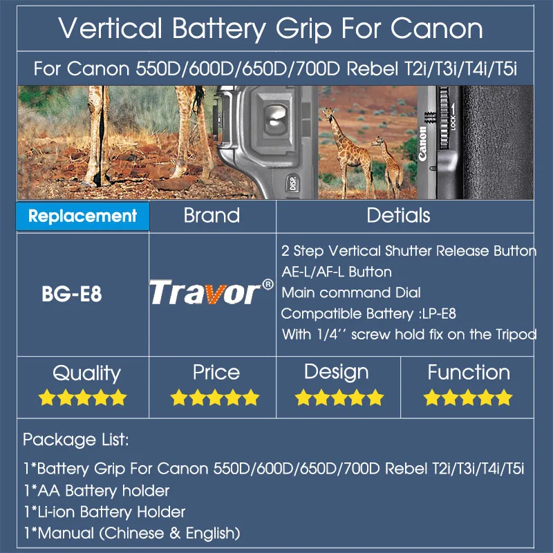 Держатель для аккумулятора Travor для Canon 550D 600D 650D 700D Rebel T2i T3i T4i T5i работает с LP-E8 BG-E8 для замены батареи