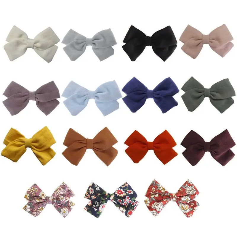 

1PC Baby Girl Cotton Linen Hair Bow Clip Solid Color Floral Retro Barrette Hair Accessory