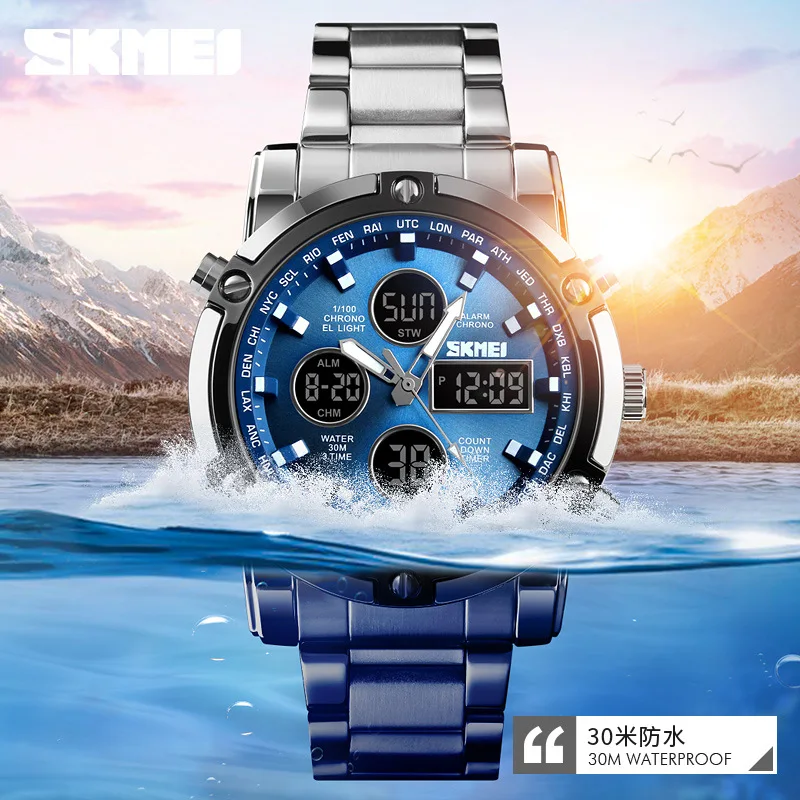 

2019 Luxury Brand Big Date Men Sports Outdoor Digital Cool Watches Steel Strap Men's waterproof 30 Bars Cost Wristwatch