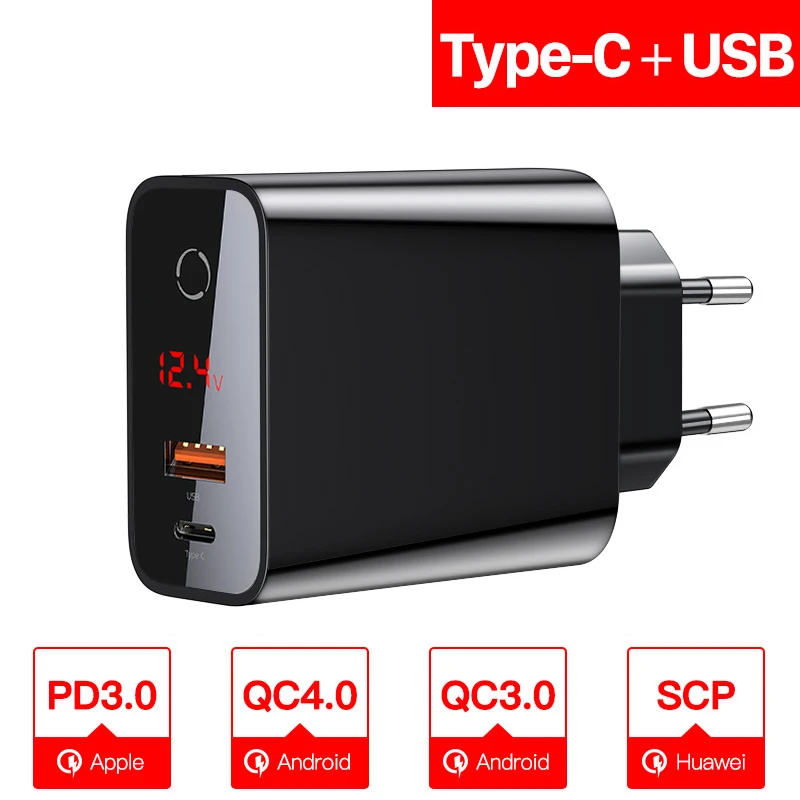 Baseus Quick Charge 4,0 3,0 USB зарядное устройство для iPhone 11 Pro Max samsung huawei мобильный телефон QC4.0 QC3.0 QC type C PD быстрое зарядное устройство - Тип штекера: EU Plug Black