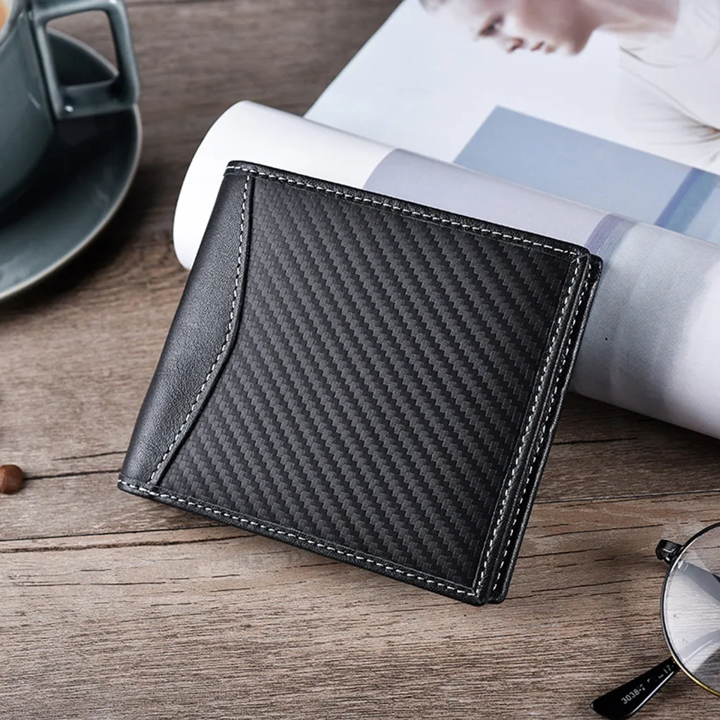 

men's wallet Carbon Fiber Leather Wallet Anti-magnetic Wallet Men's Cow Leather wallet for men carteira homem#XB35