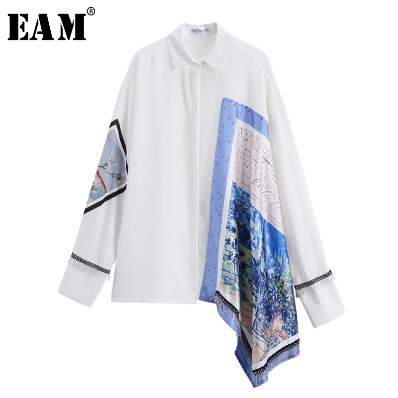  [EAM] 2020 New Autumn Winter Lapel Long Sleeve White Irregular Pattern Printed Big Size Shirt Women
