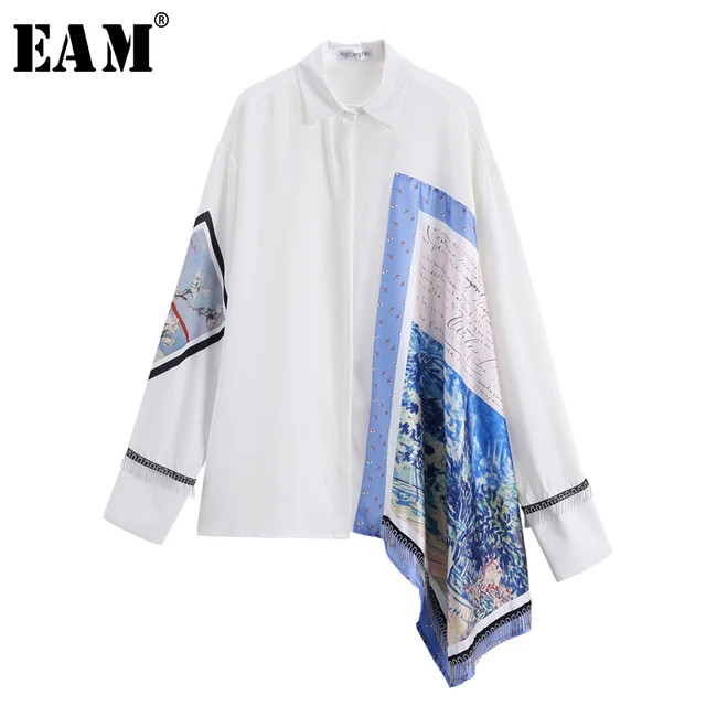 Женская рубашка с отложным воротником [EAM], белая Асимметричная блузка большого размера с длинным рукавом и принтом JT636, весна осень 2020