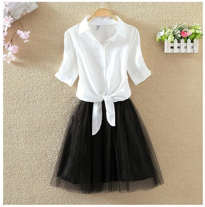 Shirt And Sling Tutu Dress Suit Women 2018 Summer Cute 2 Piece Dress Blue Pink Shirt And White Veil Dresses Plus Size 3XL 4XL (19)
