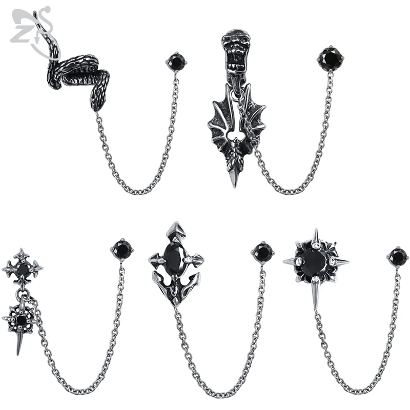 

ZS Double Piercing Stud Earrings with Long Chain Mens Dangle Ear Stud Jewelry Stainless Steel Earring for Men CZ Jewellry 1 Pcs