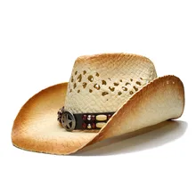 LUCKYLIANJI Ретро Для женщин Для мужчин летние соломенные пляжные широкими полями ковбойской Западная пастушка Hat полые звезда знак шарик кожаный ремешок(58 см