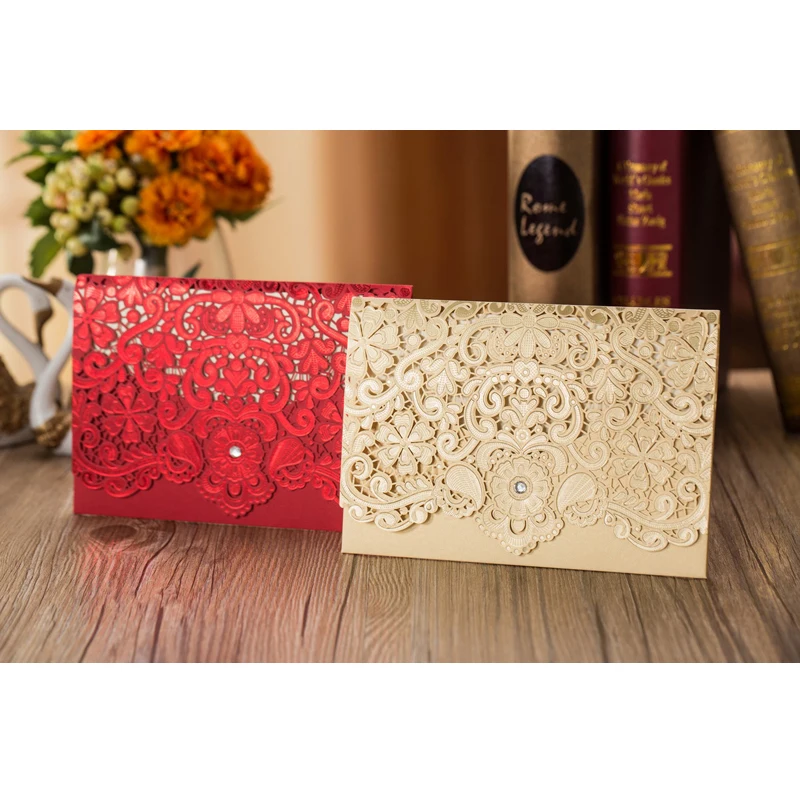  50pcs Gold Red Laser Cut Luxury Flora Elegant Diamond Wedding Invitations Card Personalized Wedding - 32906117613