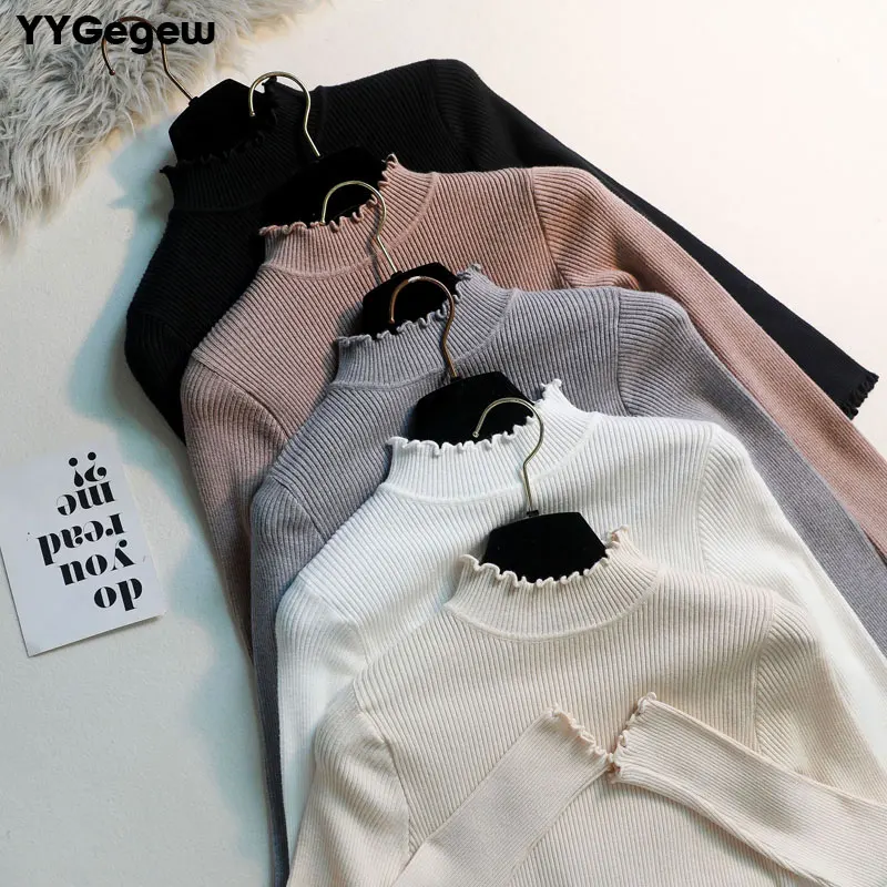 cheap Turtleneck Solid Cotton Knitted Autumn winter ruffle Sweater Women Long Sleeve basic female Casual Slim Pullover Tops | Женская