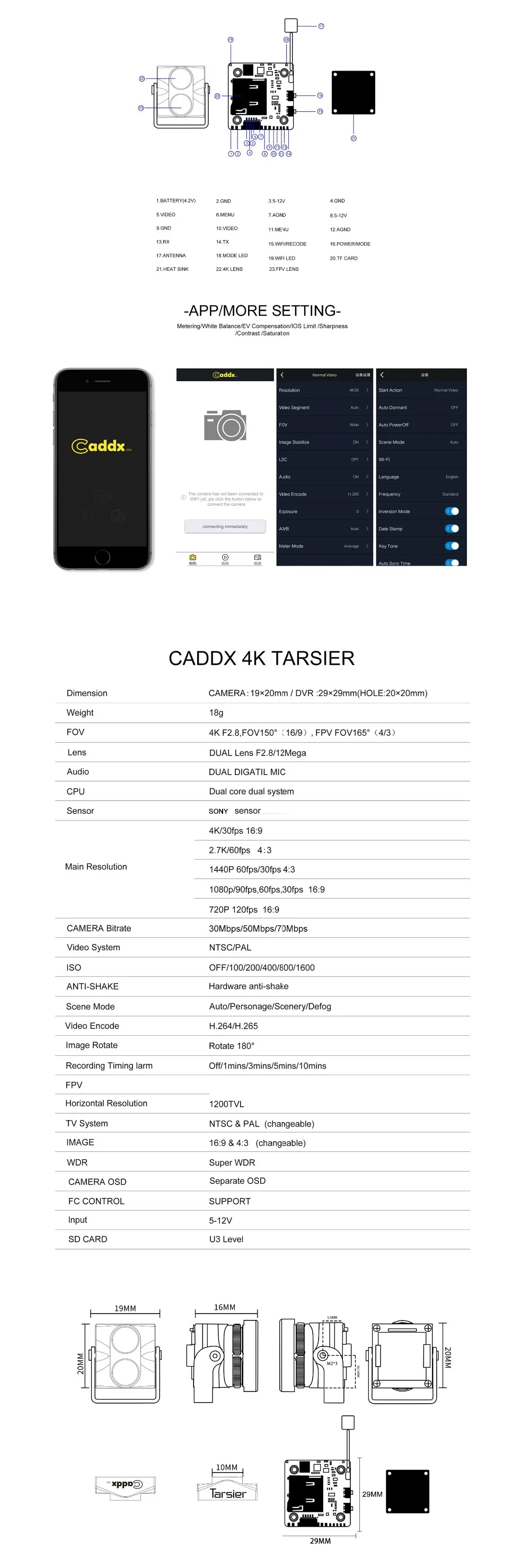 Caddx Tarsier 1200TVL 4K 30fps HD с двумя линзами Super WDR WiFi FPV запись камера с DVR двойной аудио OSD NTSC/PAL для FPV RCdrone