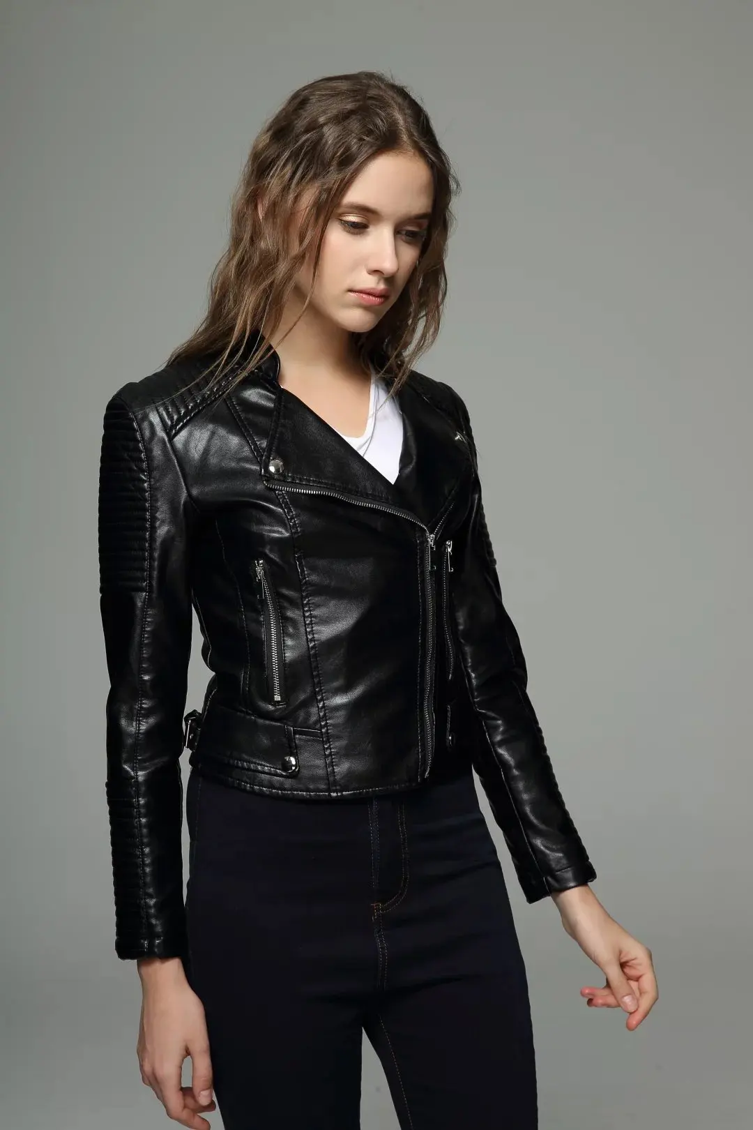 Women's Designer Zipper Leather Jacket-3