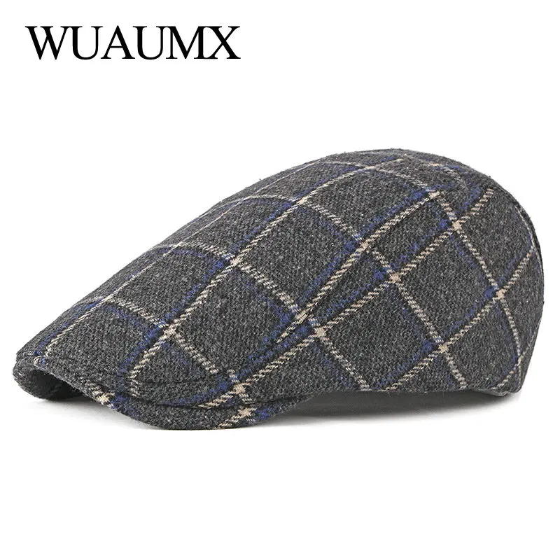 

Wuaumx Autumn Winter Berets Hat Men Newsboy Caps Women Retro Artist Painter Visors Men's Beret Cap Plaid Herringbone Flat Caps