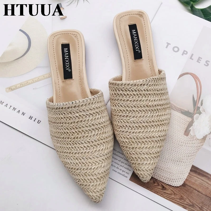 Htuua 2019 Women Slippers Fashion Pointed Toe Weave Mules Shoes