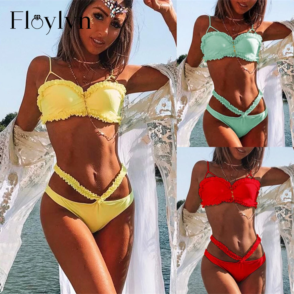 

Floylyn Solid Print Swimwear Women Ruffle Bikinis 2019 Mujer Triangle Sexy Swimsuit Push Up Bathing Suit Bathers Micro Bikini