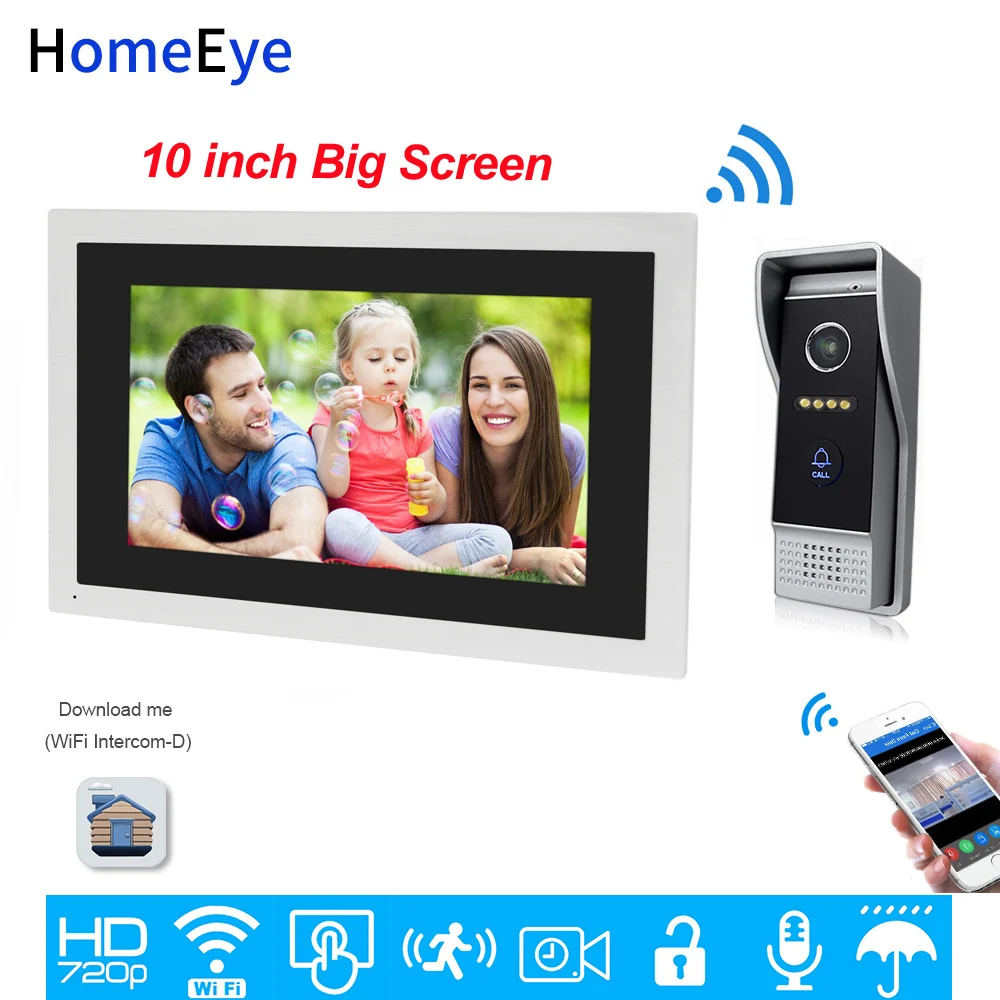 HomeEye 720P HD WiFi IP Video Door Phone Video Intercom Home Access Control System Android IOS Remote Unlock 10inch Touch Screen