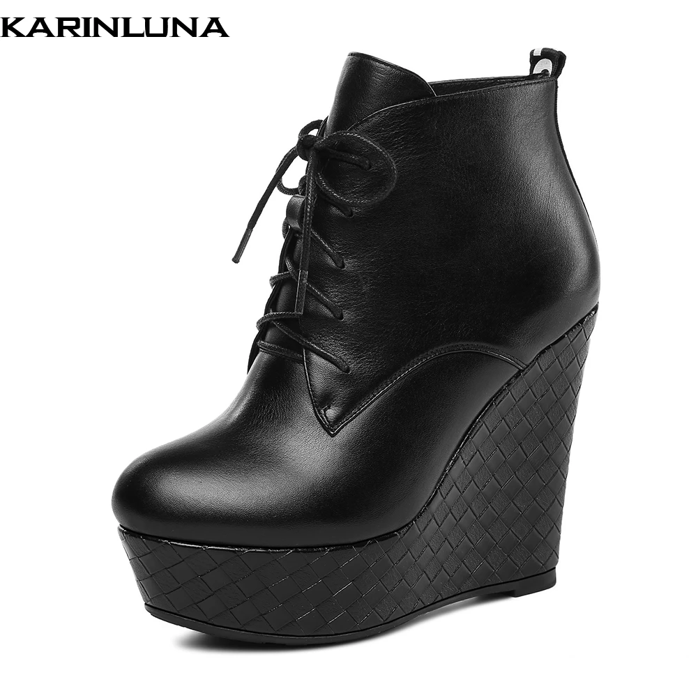 

KarinLuna 2018 Genuine Leather Fashion Sexy Women Boots Woman Shoes Ankle Boots Lace Up Wedge High Heels Shoes Woman