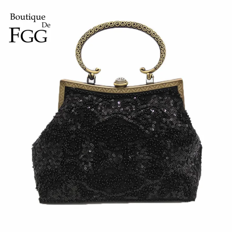 Boutique De FGG винтажный Ретро черный блестящий бронзовый покрытый бисером вечерний клатч сумочка свадебная сумка