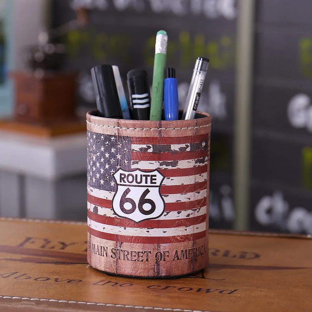 LINKWELL античная деревянная планка США Американский национальный флаг Route 66 pu Кожаная подставка для ручек и карандашей стол органайзер Коробка Для Хранения Чехол