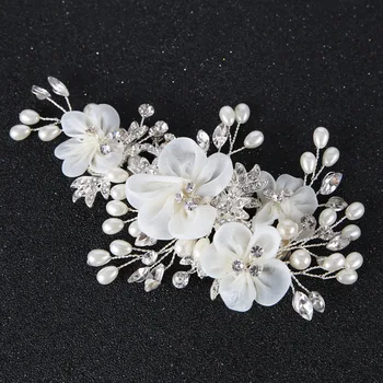 

SLBRIDAL Silver Color Flower Leaf Crystals Pearls Wedding Hair Clip Barrettes Bridal Headpieces Hair accessories Women Jewelry