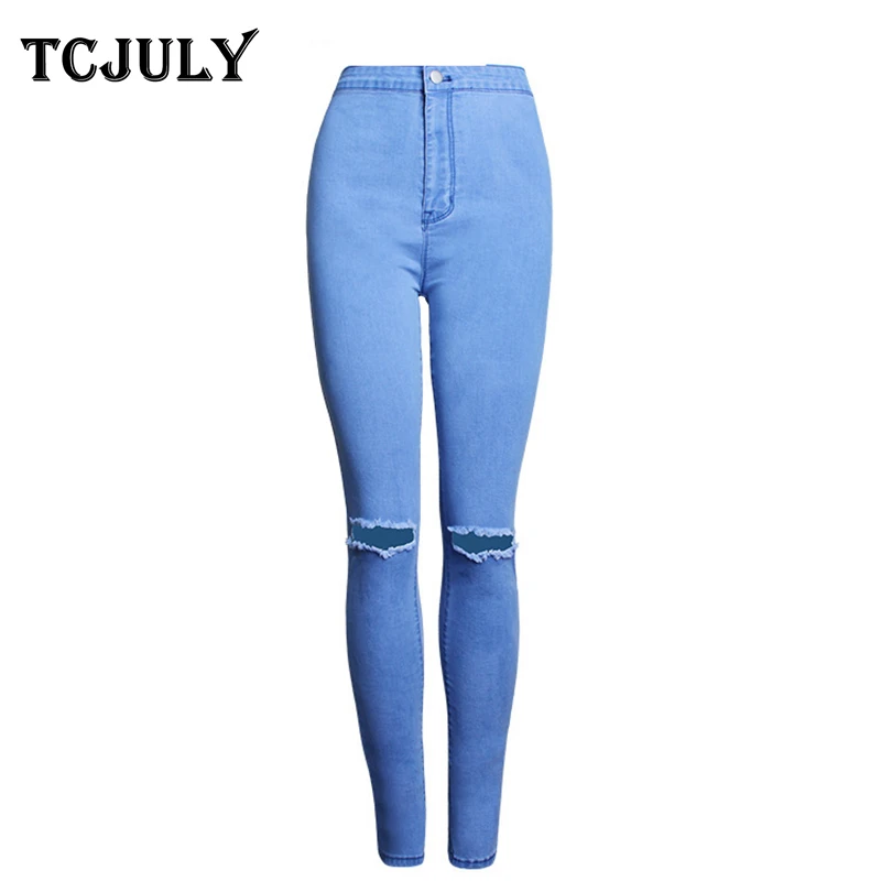 TCJULY Streetwear Slim Ripped Jeans Solid Skinny Push Up Stretch Denim Pencil Pants Knee Hole Washed Casual Blue Jeans For Women