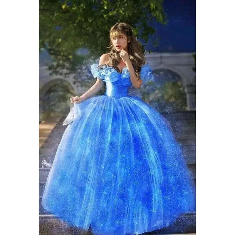 Фильм Скарлетт принцесса Сэнди платье с открытыми плечами Синий Костюм Золушки для взрослых девочек Лидер продаж