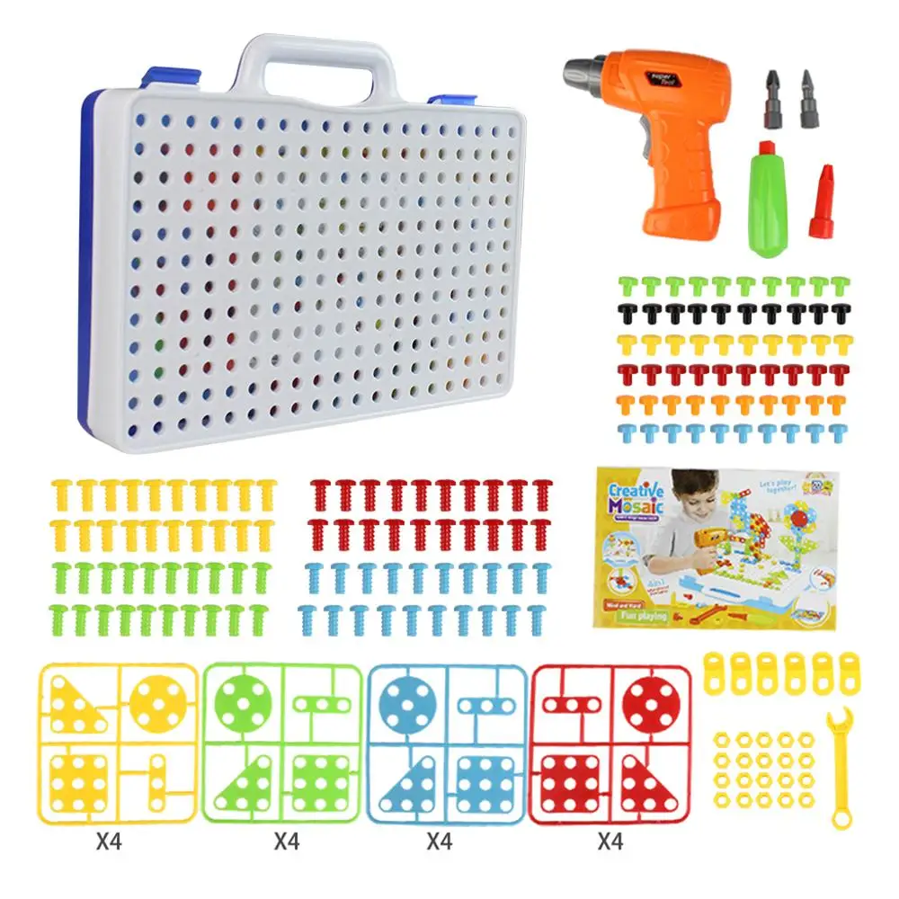 

240Pcs 3D DIY Mosaic Plug Assemble Game Plastic Screws Puzzle Toy Mini Electric Drill Baby Learning Educational Tool Children Gi