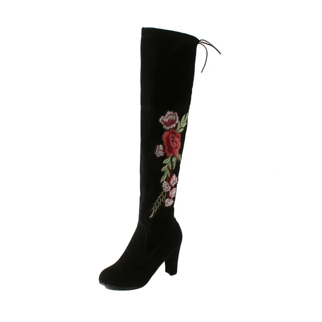 MCCKLE/повседневные женские сапоги до бедра размера плюс; зимние женские ботфорты из искусственной замши; женская обувь на высоком каблуке; Прямая поставка - Цвет: Black-embroidered
