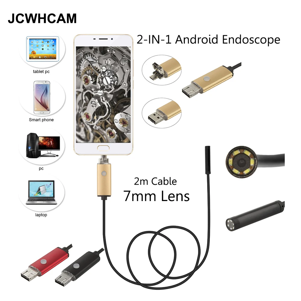 JCWHCAM 2m PC Android Endoscope 7mm Lens USB Endoscope Camera