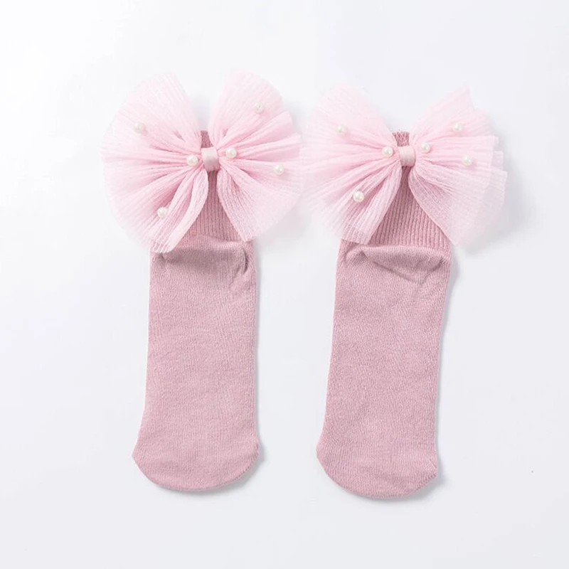 Новые носки для маленьких девочек кружевные банты, хлопковые носки до лодыжки для малышей милые детские носки принцессы с бисером для маленьких девочек