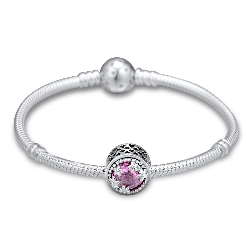 DIY подходит для браслетов Pandora Charms ослепительные бусы маргаритки с розовым CZ 925 пробы-серебро-ювелирные изделия