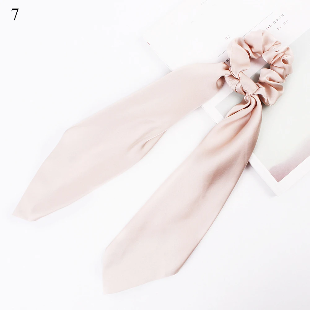 DIY Solid/Floral Print Bow Satin Long Ribbon Ponytail Scarf Hair Tie Scrunchies Women Girls Elastic Hair Bands Hair Accessories - Цвет: 7