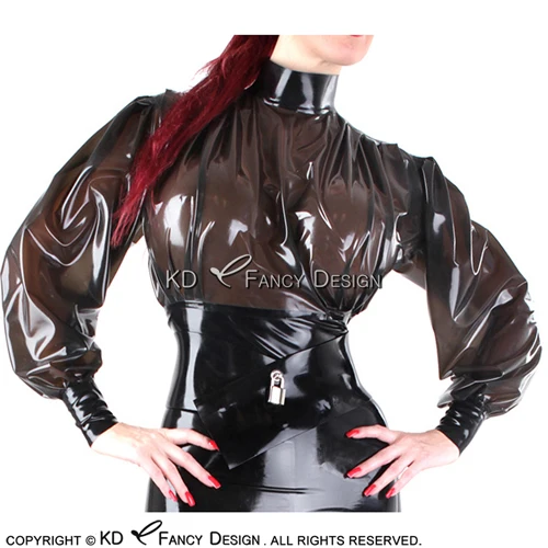 Прозрачный черный с черной отделкой Сексуальная короткая латексная блузка с молнией сзади резиновая рубашка верхняя одежда YF-0142 - Цвет: trans black w black