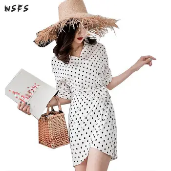

Summer White Dot Dresses Vneck Full Sleeve Dress Women Bodycon Sexy Party Office Lady Asymmetrical Pencil Mini Sundress Vestidos