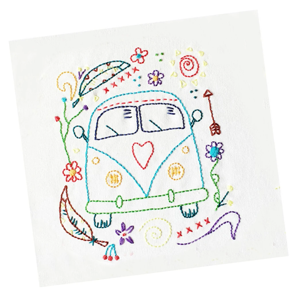 Hand Embroidery Starter Kit For Beginner Include Embroidered Cloth Threads Needles Cartoon Bus DIY Home Decor Sewing Accessories