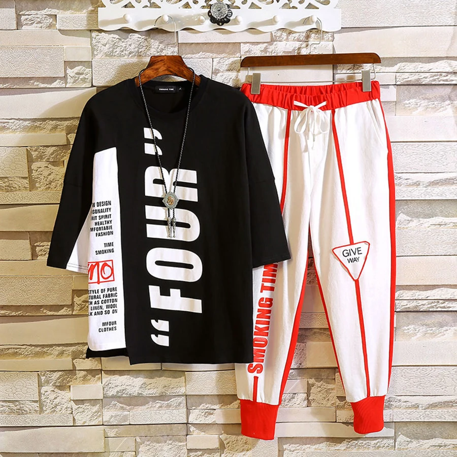 

2 Piece Summer Casual Tracksuit Tshirts and Pants Hoody Suit Men Tracksuit Spring Jogging Hip Hop Tracksuit Exercise Suit M5S17
