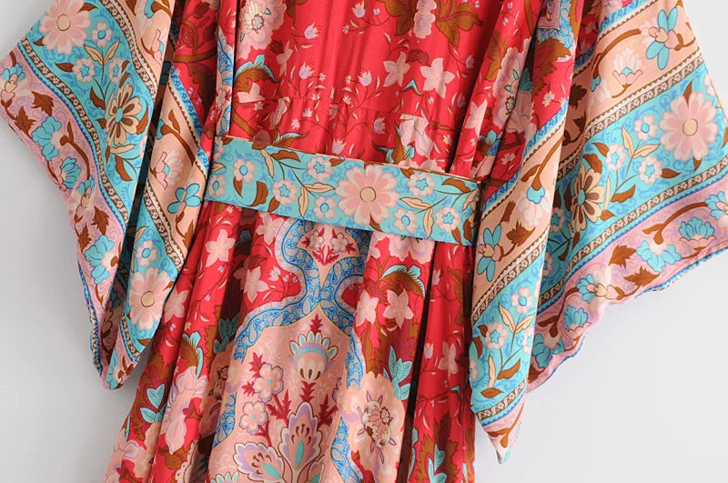 Boho chic женское Красное Цветочное платье с рукавом «летучая мышь», Пляжное богемное платье-кимоно, Дамское летнее платье happie с v-образным вырезом и кисточками