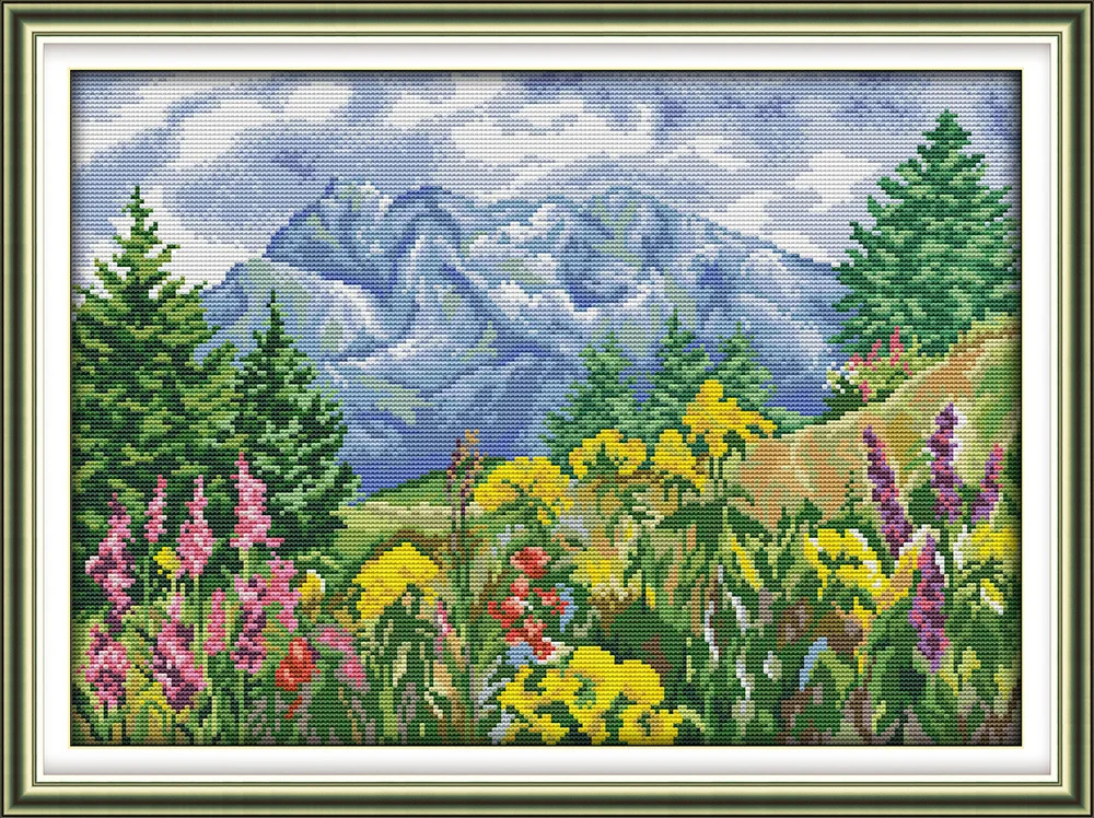 Joy Sunday Flowers and Distant mountain in nature DMC Counted Cross